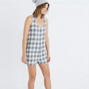 Madewell Embroidered Flannel Pajama Romper in Buffalo Check Sz Medium